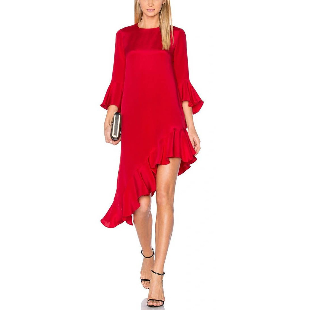 Alexis Hazel Asymmetric Dress Ruffle Trim Bell Sleeve Red M